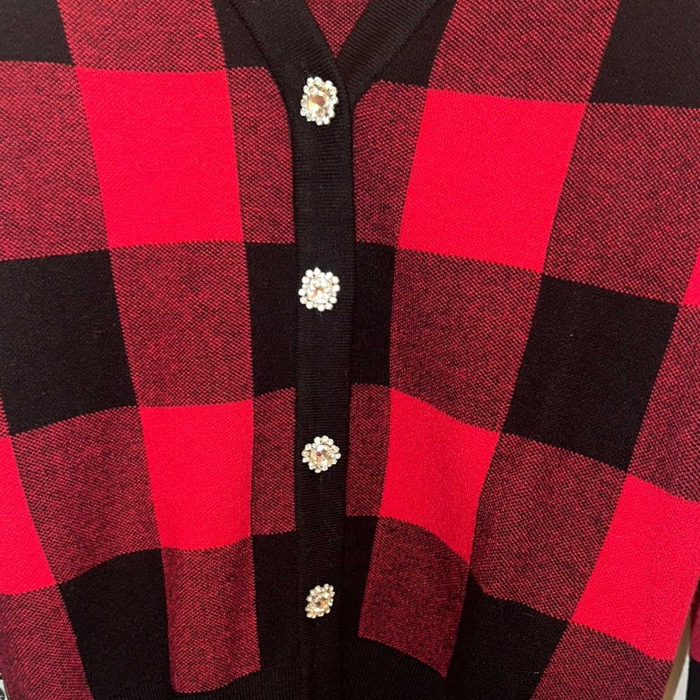 Tommy Bahama Red and Black Checkered Cardigan with Crystal Buttons EUC-XS - Picture 5 of 7